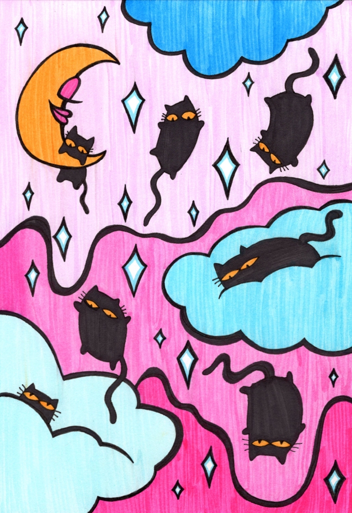 unicornface psychedelic art doodle of sky raining black cats